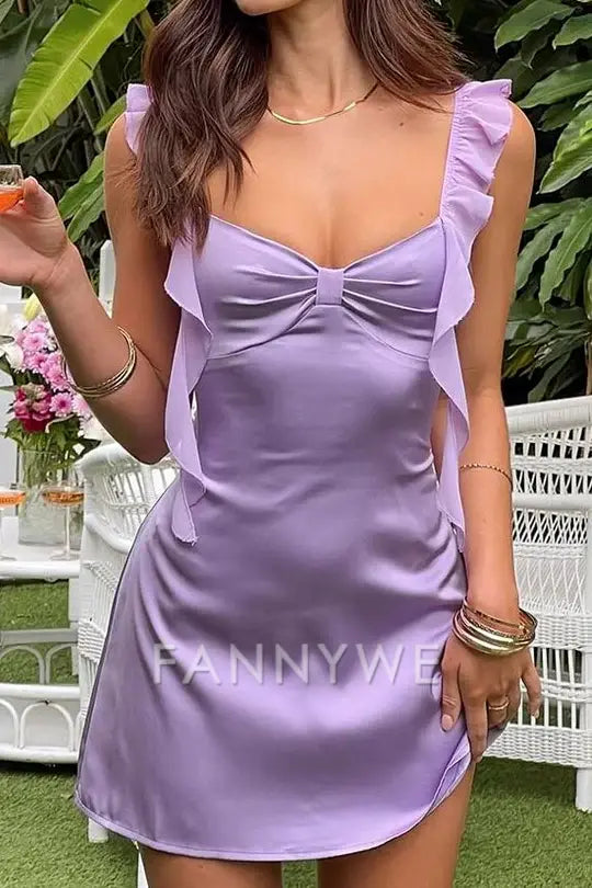 FannyWe Simple Lilac Ruffles Straps V-Neck Sleeveless Satin Short Homecoming Dress formal wear dresses